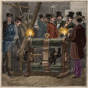 Dynamo-Elektromaschine vom Typ Gram (Zénobe Théophile Gram) erzeugt Gleichstrom, elektrisches Experiment im Maschinenraum des Conservatoire des arts et métiers de Paris (circa 1881). Gravur von 1885 in „Les arts et métiers illustrés“ von Adolphe Bitard.