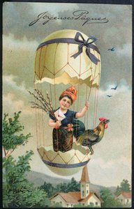 Osterpostkarte mit einem Kind in einem Ei, ca. 1905