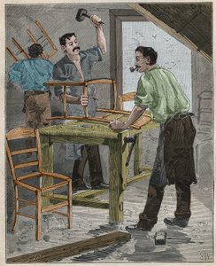 Schreinerei: Zusammenbau von Stühlen im 19. Jahrhundert in Frankreich. Gravur von 1885 in 