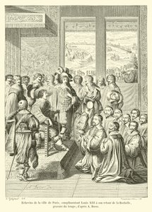 Schöffen der Stadt Paris, die Ludwig XIII bei seiner Rückkehr aus La Rochelle begrüßen, zeitgenössischer Stich; nach A. Bosse von French School