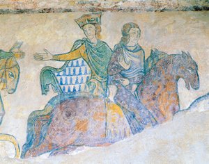 Eleonore von Aquitanien, Königin von England und ihre Schwiegertochter Isabella von Angoulême zu Pferd von French School