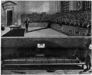 Experiment mit elektrischem Licht, durchgeführt 1813 von Humphry Davy (1778-1829) in seinem Chemiekurs an der Royal Institution of London (England). Gravur in „La Nature. Revue des sciences et de ses applications aux arts et à l