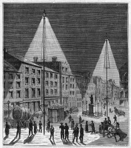 Elektrische Beleuchtung der Stadt Norwich in England im 19. Jahrhundert - Gravur in „Sciences à la portée de tous - Physique et chimie populaires“ von Alexis Clerc - Spätes 19. Jahrhundert von French School