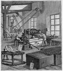 Galvanisieren - Galvanisierungswerkstatt von Monsieur Rousset in Paris im 19. Jahrhundert - Gravur in „Wissenschaften für jedermann - Physik und Chemie“ von Alexis Clerc - Ende 19. Jahrhundert - Privatbesitz