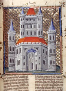 Erhebung der Fassade des Tempels von Salomo in Jerusalem Miniatur aus „Kommentare der Bibel“ von Nicholas von Lyra (13. Jahrhundert) 14. Jahrhundert Cambrai, Stadtbibliothek von French School