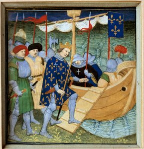 Einschiffung von Saint Louis (Ludwig IX.) (1214-1270) für den 7. Kreuzzug. Miniatur der französischen Schule von French School