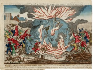 Bedauerlicher Brand der aerostatischen Maschine der Herren Miolan und Janinet am Sonntag, 11. Juli 1784. Veröffentlicht 1784 (handkolorierte Gravur) von French School