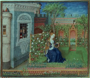 Emelye in ihrem Garten. Die gefangenen Ritter Palamon und Arcite, aus den Stunden des Herzogs von Burgund