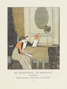 Beim Entziffern von "Le Rossignol," Werbung aus La Gazette du Bon Ton, veröffentlicht 1914 von French School