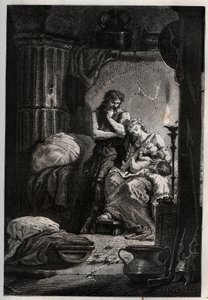 Eponine und ihr Ehemann Julius Sabinus (gestorben 78 n. Chr.) leben heimlich in einer Höhle, um dem Kaiser Vespasian (9-79) zu entkommen - Sabinus und seine Frau Eponine, versteckt in einer Höhle - Gravur aus „L