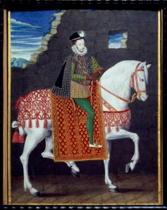 Reiterporträt von Heinrich III., König von Frankreich. Anonymes Gemälde in Gouache