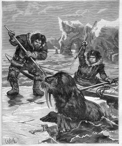 Eskimos - Walrossfischen - Eskimos - Walrossfischen im Jahr 1888 - - Gravur in „Journal des Voyages“ 1888
