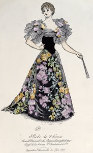 Abendkleid in Damast mit Chrysanthemenbrokat auf schwarzem Hintergrund, 1894 von French School
