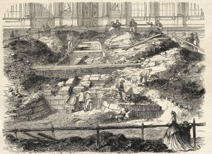 Ausgrabungen im Cour Carrée du Louvre - Entdeckung der Fundamente des ehemaligen Turms von Philippe Auguste - Ausgrabungen im Hof des Louvre - Freilegung der Fundamente des ehemaligen Turms Philippe-Auguste - Gravur in „Le monde illustré“ von French School