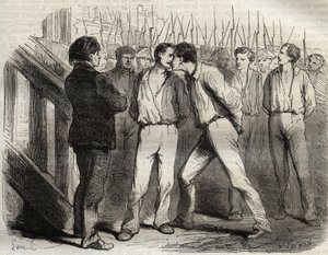 Hinrichtung der vier Sergeanten von La Rochelle am 21. September 1822: Bories, Raoulx, Gaubin, Pommier - Raoulx, der als erster gehen sollte, bat darum, seine Kameraden zu umarmen - Gravur in „Berühmte Fälle aller Völker“ von Armand Fouquier (1817-18?)