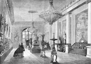 Ausstellung der chinesischen Kuriositäten, die dem Kaiser von der Expeditionsarmee übergeben wurden, Illustration aus Le Monde Illustre, 1861