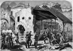 Expedition nach Mexiko (1861-1867) - Belagerung von Puebla - 1863: Angriff eines Häuserblocks durch die französische Armee. Einmal in die Stadt eingedrungen, mussten die französischen Soldaten Viertel für Viertel kämpfen. Gravur in „Le Monde Illustré“