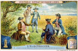 Experiment von Benjamin Franklin mit fliegenden Hirschen als Blitzableiter - Liebig Werbesticker von French School