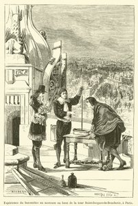 Barometerexperiment mit Quecksilber auf dem Turm Saint-Jacques-la-Boucherie in Paris von French School
