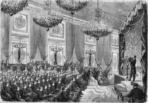Physikalische Experimente durchgeführt von Henri Robin (ca. 1803-1874) zu Ehren der besten Schüler der Gymnasien von Paris, eine Vorstellung, die vom Prinzenimperial im Palais des Tuileries am 27. Januar 1865 angeboten wurde. Anwesend sind: der Prinzenimpe