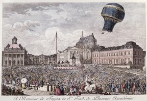 Experiment in Versailles der Brüder Montgolfier mit dem Flug eines Hahns, einer Ente und eines Schafs in einem Montgolfiere-Heißluftballon am 19. September 1783 von French School