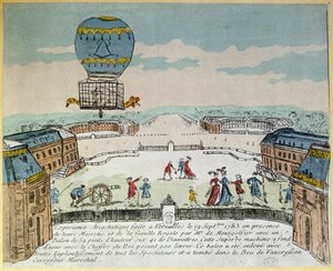Experiment in Versailles der Brüder Montgolfier mit dem Flug eines Hahns, einer Ente und eines Schafs in einem Montgolfiere-Heißluftballon am 19. September 1783