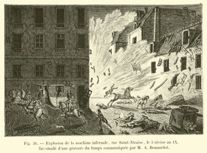 Explosion der Höllenmaschine, Rue Saint-Nicaise, am 3. Nivôse Jahr IX, Faksimile einer zeitgenössischen Gravur, mitgeteilt von M A Bonnardot von French School
