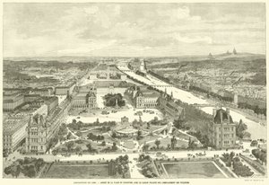 Ausstellung von 1889, Ansicht des Place du Carrousel mit dem geplanten Garten auf dem Gelände der Tuilerien von French School