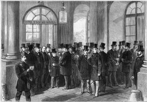 Verlängerung der Amtszeit des Marschalls von Mac-Mahon, Einführung des Siebenjahresplans in Frankreich, November 1873: Ansicht der Eingangstür der Assemblée de Versailles am Tag der Diskussion über die Verlängerung. Von links nach rechts von French School