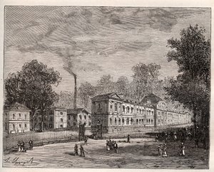 Außenansicht der Kaiserlichen Porzellanmanufaktur von Sevres, erbaut im Park von Saint Cloud nach den Plänen des Architekten Laudin - Gravur in „France illustree: geographie, histoire, administration statistique“ von V.-A. Malt-Brown. 1884