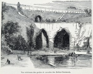 Außenansicht der Kaskaden und Höhlen der Buttes Chaumont, Gravur 19. Jahrhundert von French School