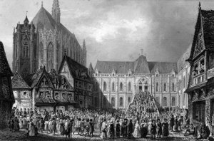 Außenansicht des Gerichtsgebäudes. In „Notre Dame de Paris“ von Victor Hugo, Gravur von 1844.
