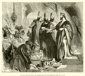 Hiskia zeigt den Gesandten des Königs von Babylon seine Schätze von French School