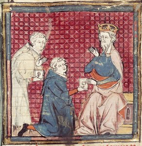 F.117r Boten berichten Karl dem Großen vom Sieg über die Sarazenen, aus den Grandes Chroniques de France, 1375-79