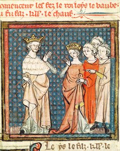 F.180r Die Hochzeit von Ludwig II. (846-79) dem Stammler und Adelheid von Friaul, Königin von Aquitanien, aus den Grandes Chroniques de France 1375-79
