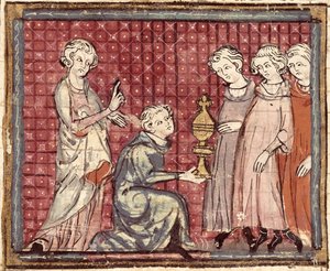 F.29r Die Teilung des Königreichs nach dem Tod von Chlothar I. (497-561), aus den Grandes Chroniques de France 1375-79