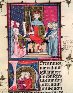 F.39r Ehegesetz, eine ehebrecherische Frau vor Gericht, aus Justiniani in Fortiatum
