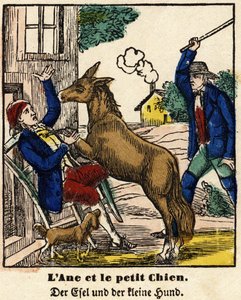 Fabeln von La Fontaine: Der Esel und der kleine Hund. Bild von Epinal, erste Hälfte des 19. Jahrhunderts. von French School