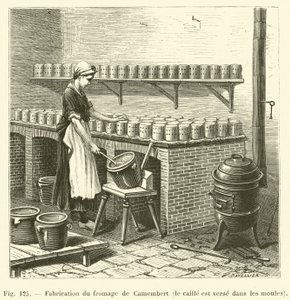 Herstellung von Camembert-Käse, die Quarkmasse wird in die Formen gegossen von French School