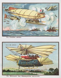 Fantasiemalereien einer Luftschlacht und eines Frachtflugzeugs im Jahr 2000
