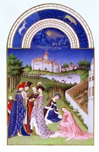 Faksimile von April: höfische Figuren im Schlossgelände von den Limbourg-Brüdern, aus den Tres Riches Heures du Duc de Berry von French School