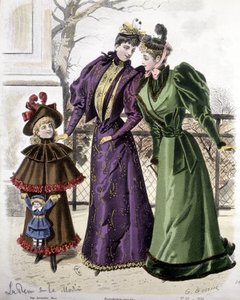 Mode: 2 Frauen und ein Mädchen mit einer Puppe. 1892 von French School