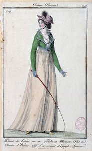 Weibliche Mode unter dem Direktorium: eine junge Pariser Elegante, gekleidet mit einer Reiherfeder auf einer Marmotte, einem Kragen eines Männerhemds und einem goldenen Schlüssel als Nadel. 1797 Paris, Kostümmuseum von French School