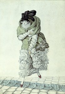 Modeplatte, die eine Dame zeigt, die einen Abwasserstrom überquert, 1811