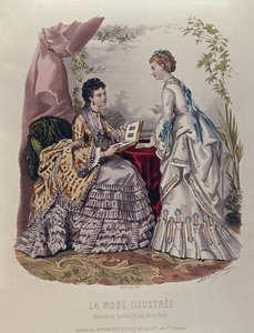 Modeplatte mit Damen in Kleidern von Mme Breant-Castel, die Fotoalben betrachten, 1872 von French School