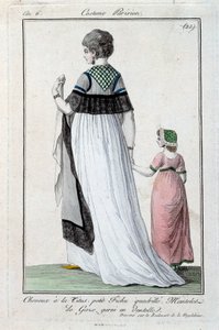 Mode unter dem Direktorium: elegante junge Pariserin mit Titus-Frisur, Gazemantel mit Spitze. 1797. Paris, Kostümmuseum von French School