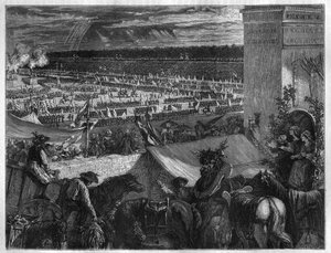 Fest der Föderation auf dem Champ de Mars in Paris am ersten Jahrestag der Erstürmung der Bastille am 14. Juli 1790. Gravur in „Histoire des Papes-Rois-Königinnen und Kaiser durch die Jahrhunderte“ von Maurice Lachatre von French School