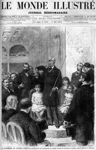 Ferdinand de Lesseps ist umgeben von seiner Familie und seinen Reisegefährten und erzählt von seiner Reise nach Panama im Salle de la Sorbonne. Titelblatt der „Illustrous World“ von 1880 von French School