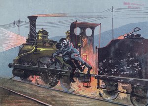Kampf zwischen Jacques Lantier (1840-70) und Pecqueux im Zug, Le Lison, Szene aus La Bête Humaine von Emile Zola (1840-1902)