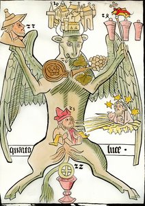 Figur, die den Evangelisten Lukas symbolisiert: ein Stier, der mit der Stadt Jericho (oder Jerusalem) assoziiert wird, eine Traube, ein Prophet, der Christus des Jüngsten Gerichts erscheint mit Sternen und Sonnenstrahlen, ein Porträt eines Juden, ein Kelch von French School